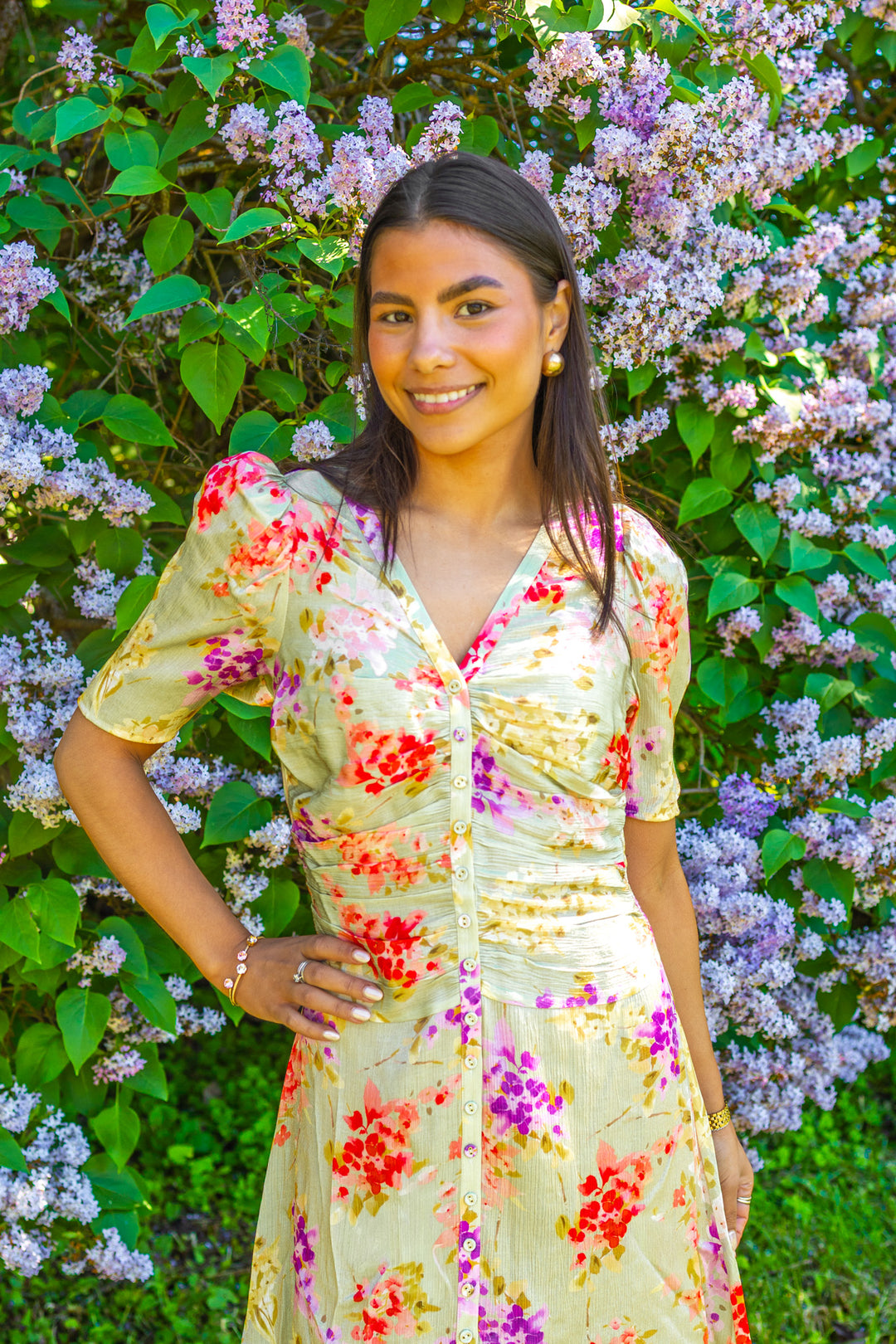 Shiny Button-Down Dress Vintage Bouquet