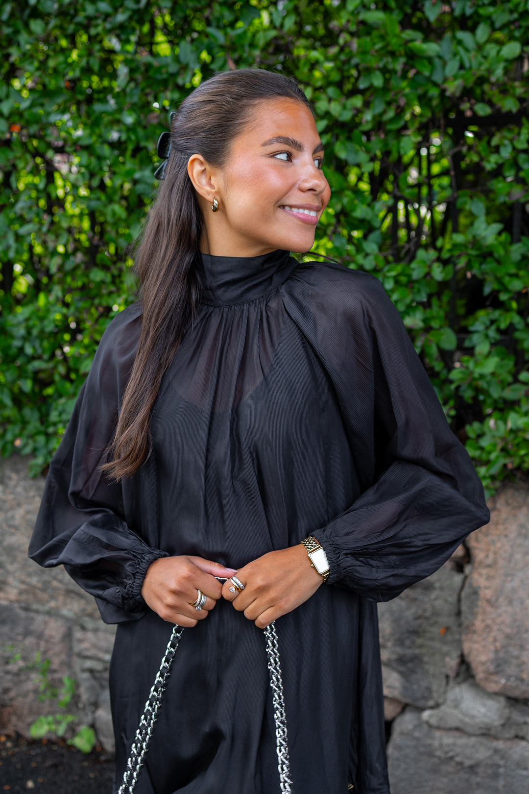 Striped Organza Shift Dress Black