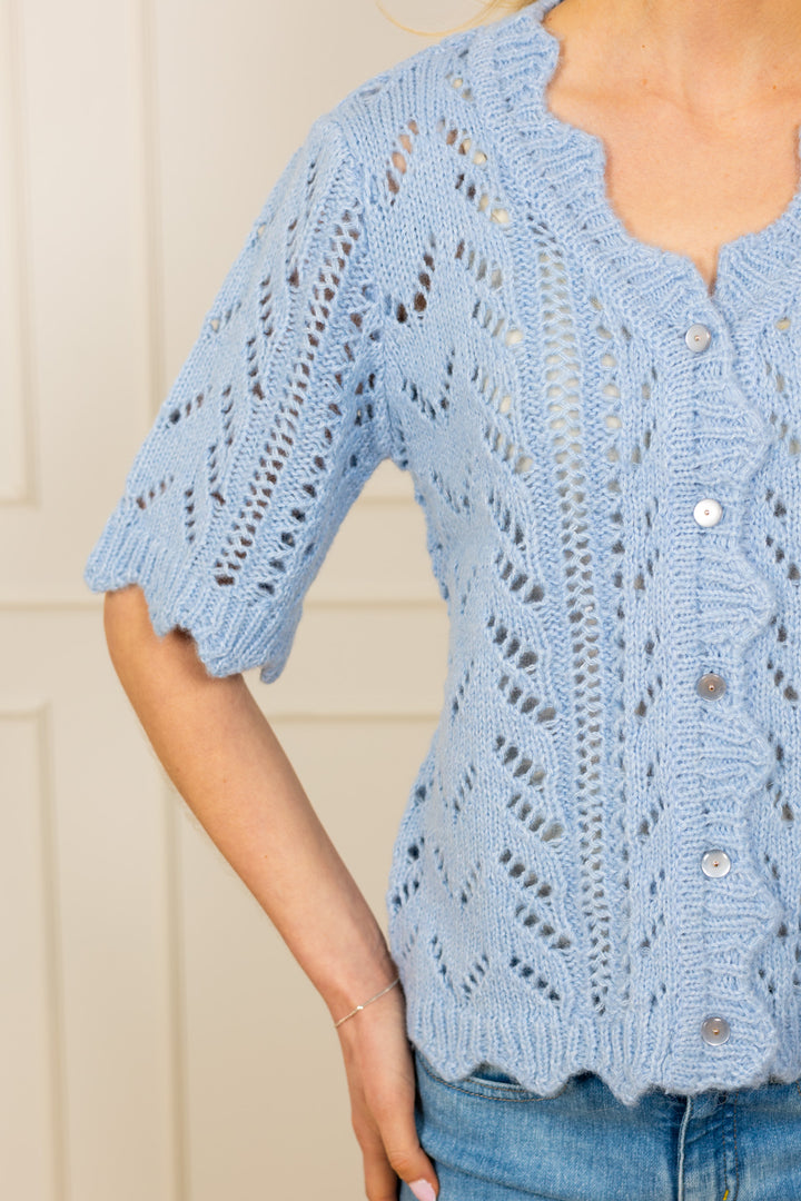 Vienna Ss Knit Cardigan Skyway W. White Melange