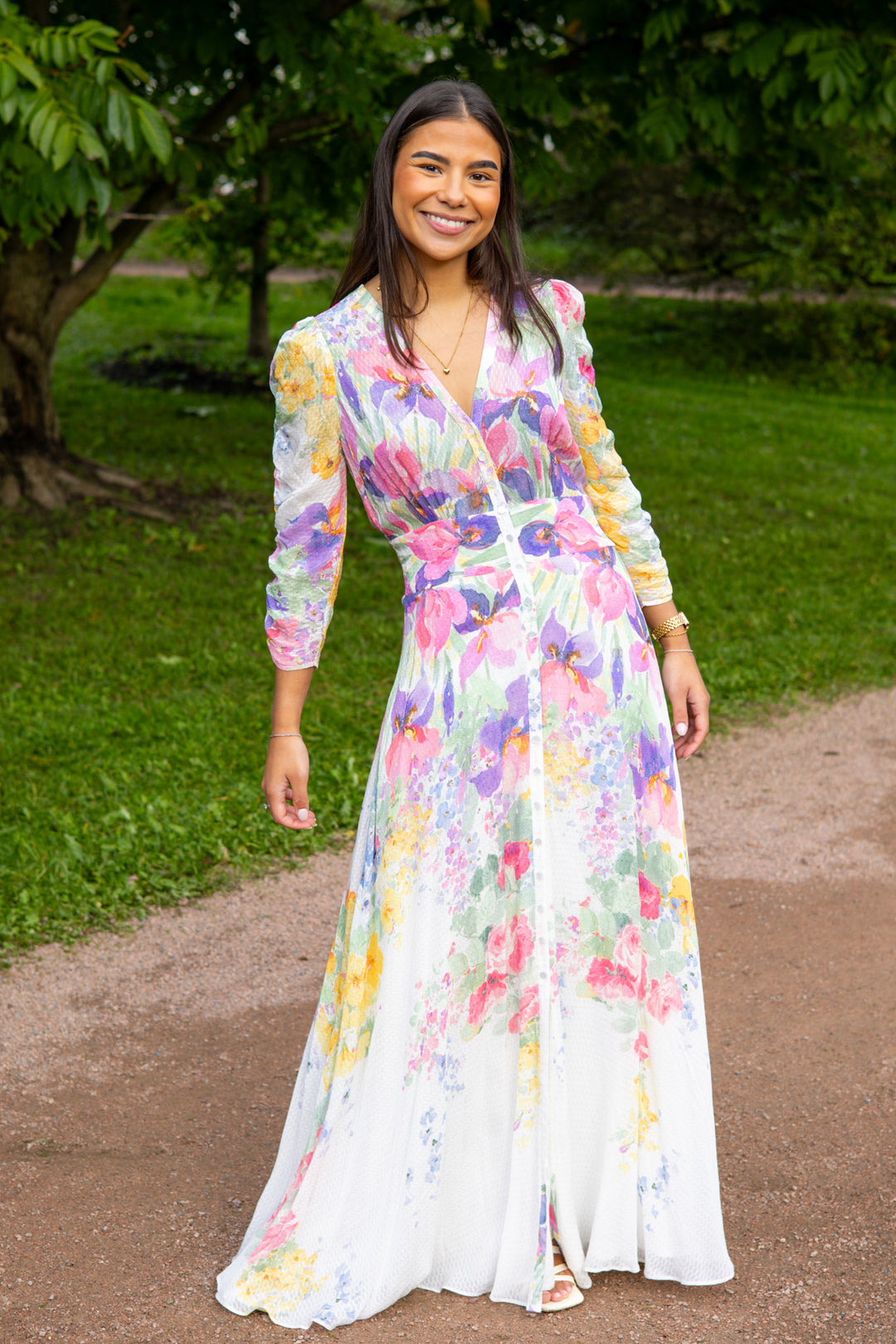 Dotted Georgette Button-Down Dress Flower Meadow