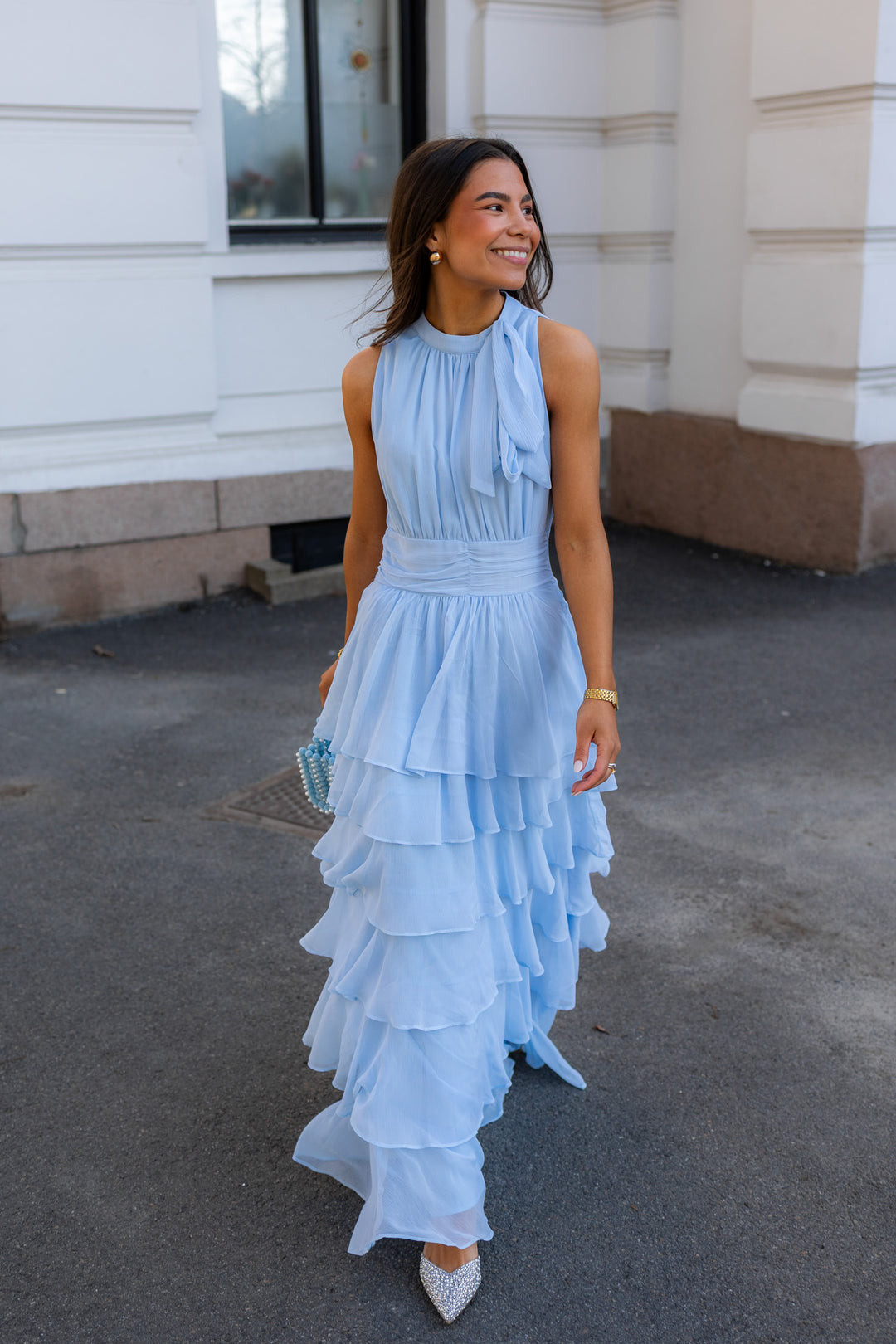 Marli Solid Chiffon Dress Light Blue