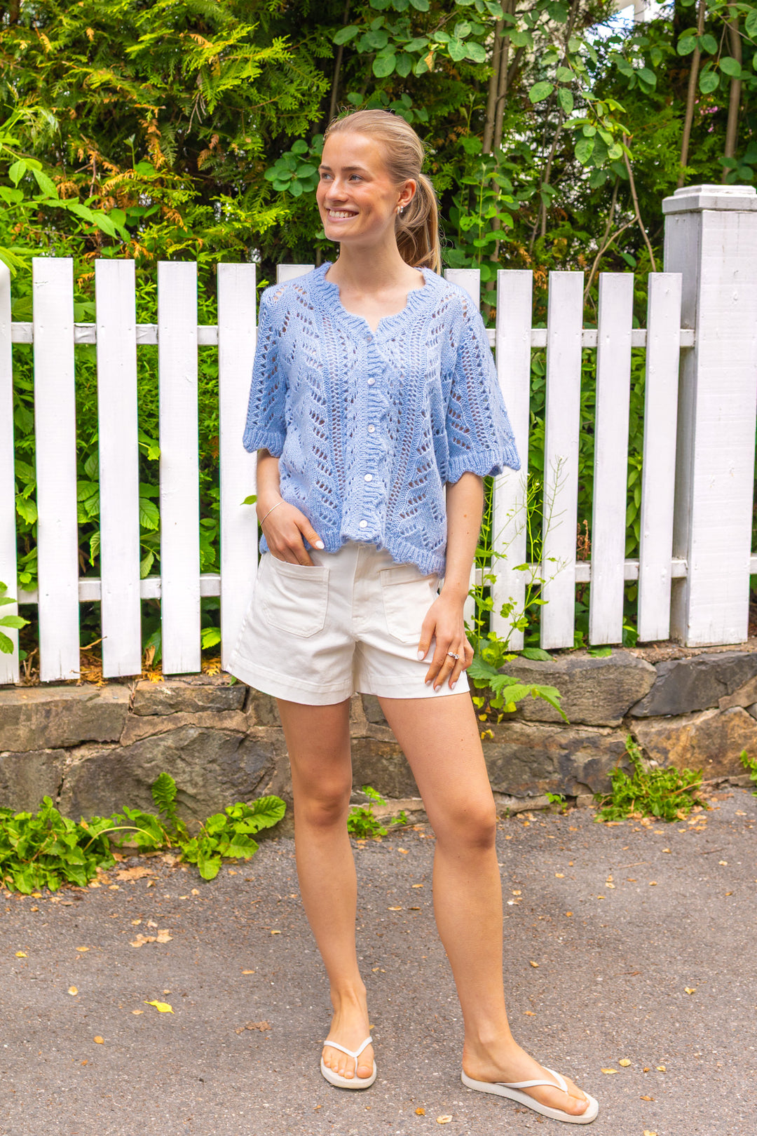 Vienna Ss Knit Cardigan Skyway W. White Melange