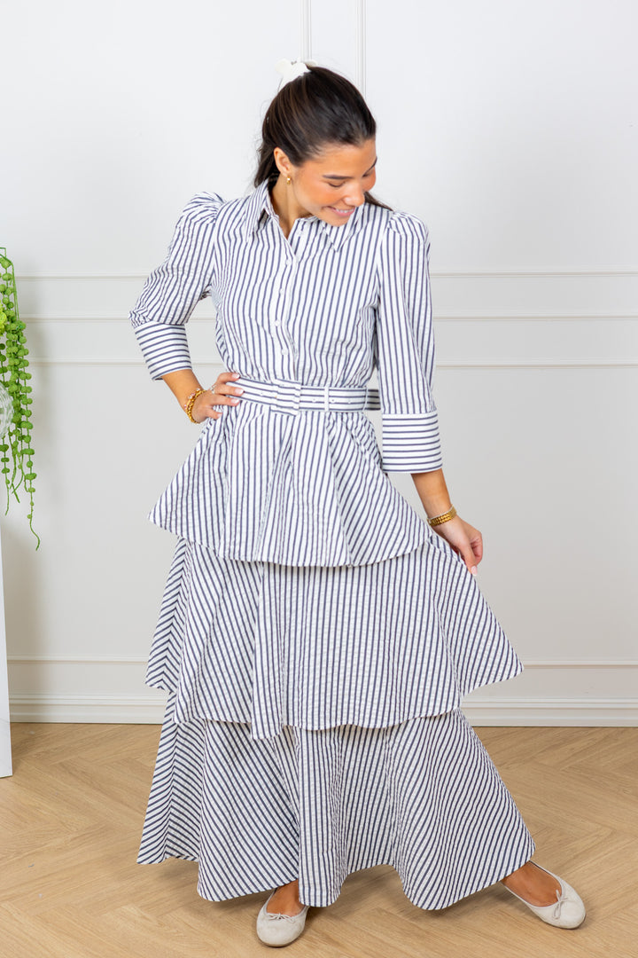 Seersucker Flounce Dress Marine Stripe