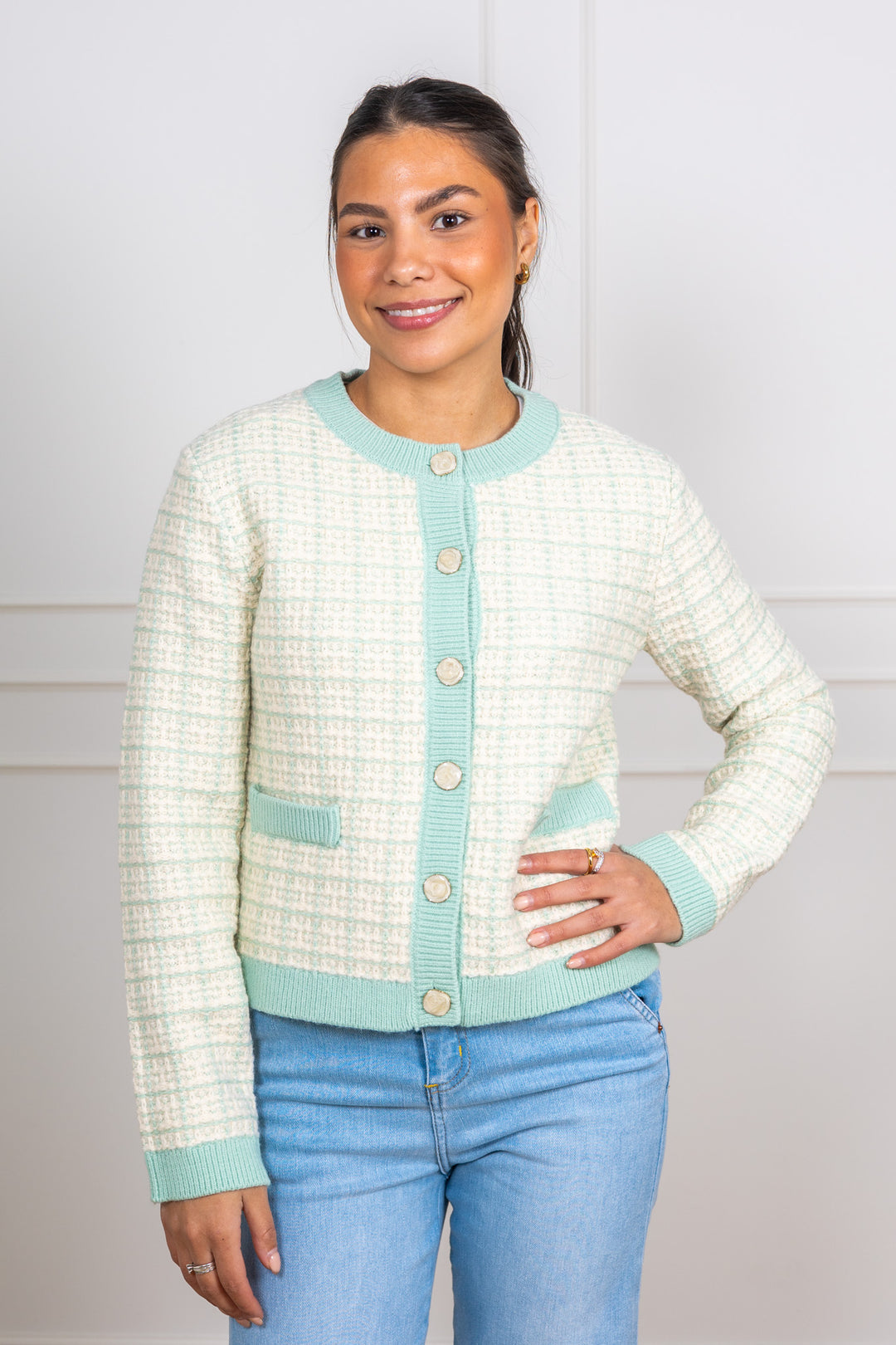 Livia Ls Short Knit Cardigan Lichen Birch