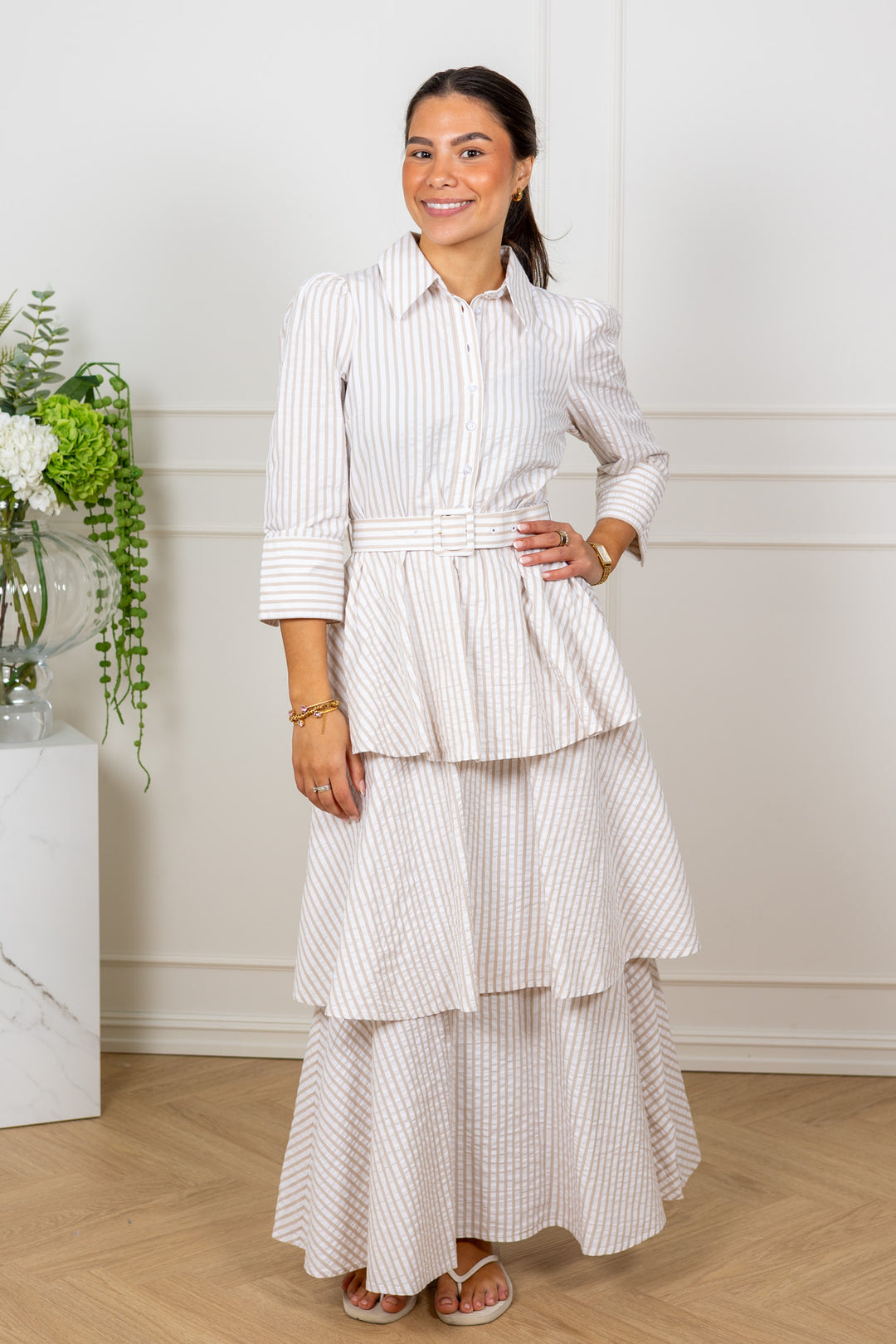 Seersucker Flounce Dress Khaki Stripe