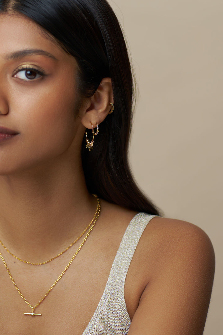 Mixed Plate Bead & Star Hoop Earrings Pale Gold