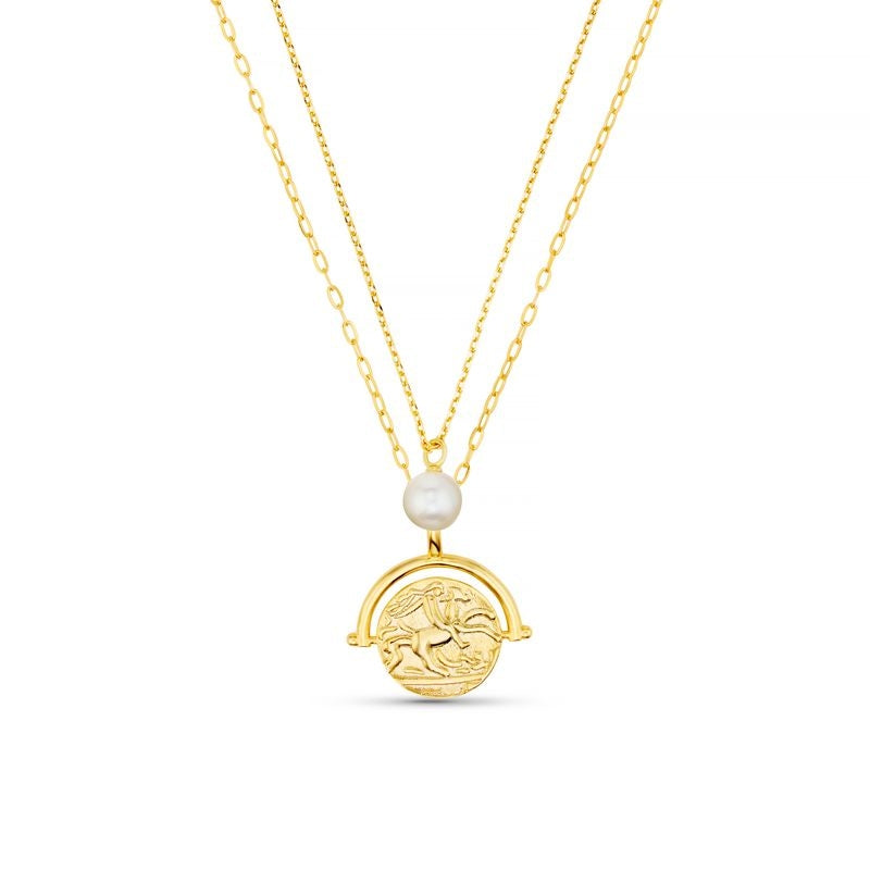Pearl & Medallion 2-Row Necklace Pale Gold