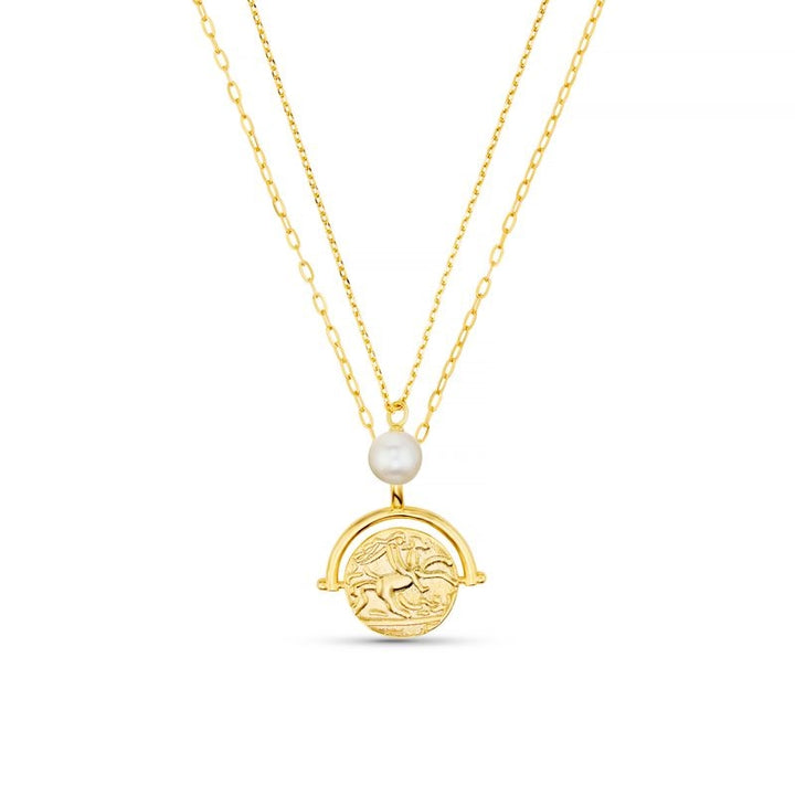 Pearl & Medallion 2-Row Necklace Pale Gold