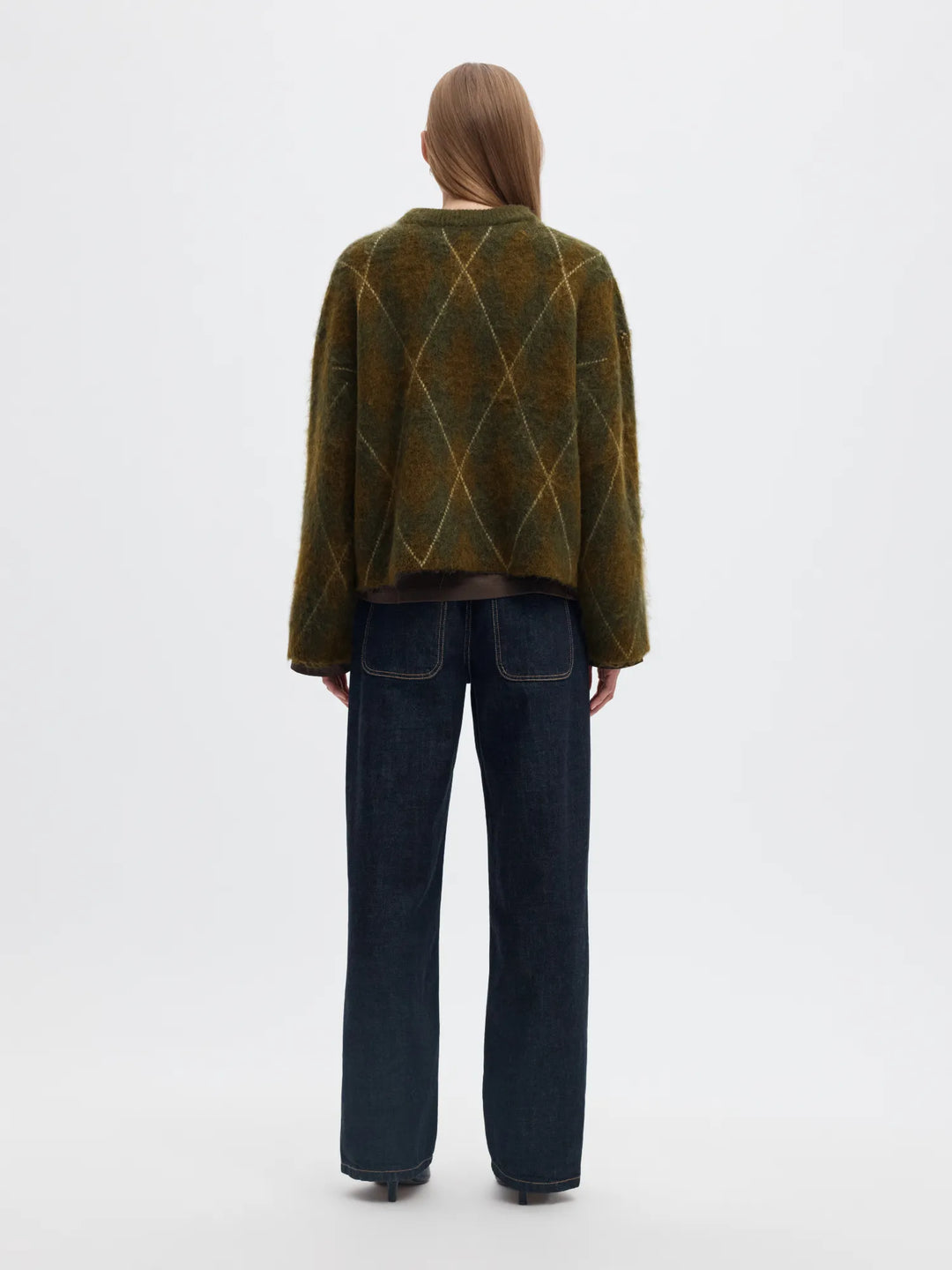 Lulu Brushed Argyle Knit O-Neck Kalamata Fir Green + Birch