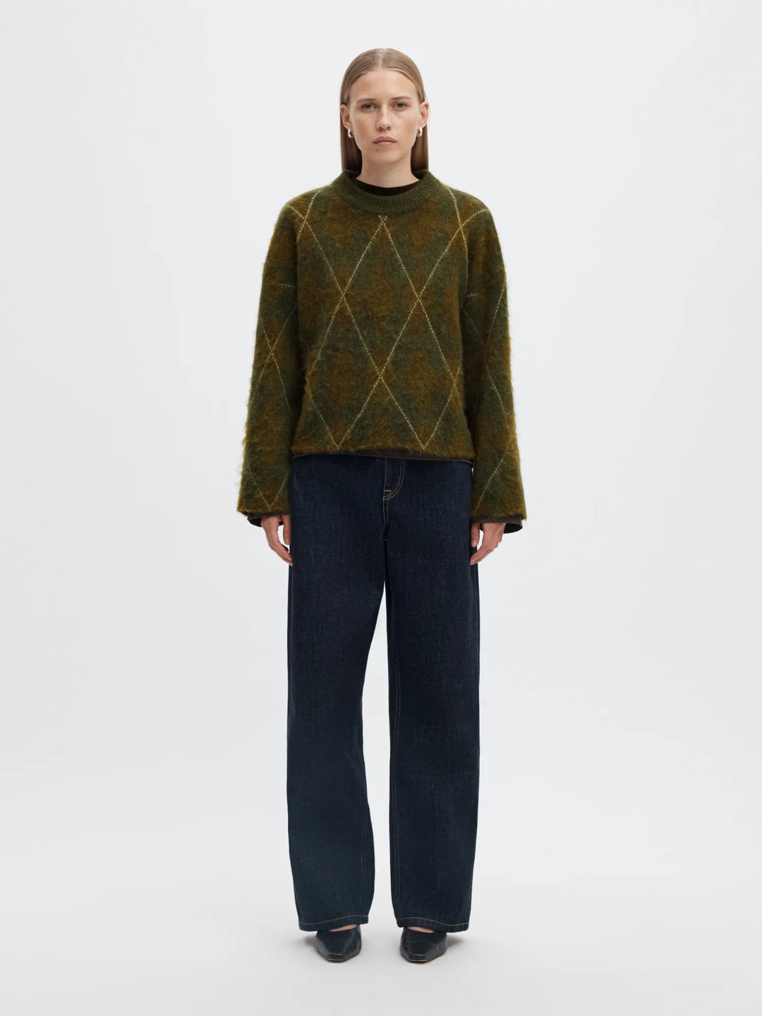 Lulu Brushed Argyle Knit O-Neck Kalamata Fir Green + Birch
