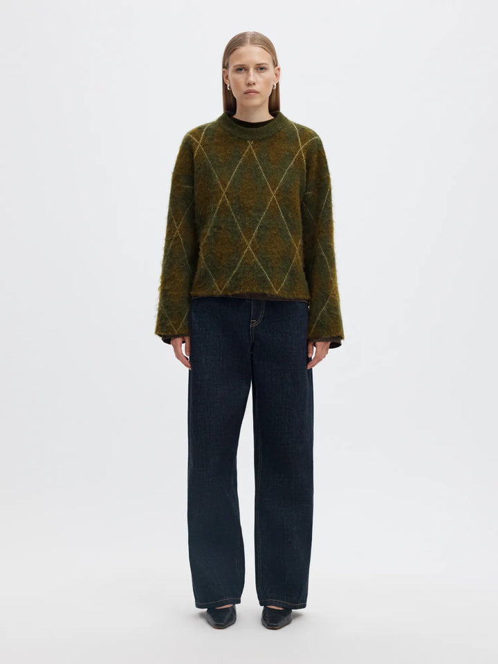 Lulu Brushed Argyle Knit O-Neck Kalamata Fir Green + Birch