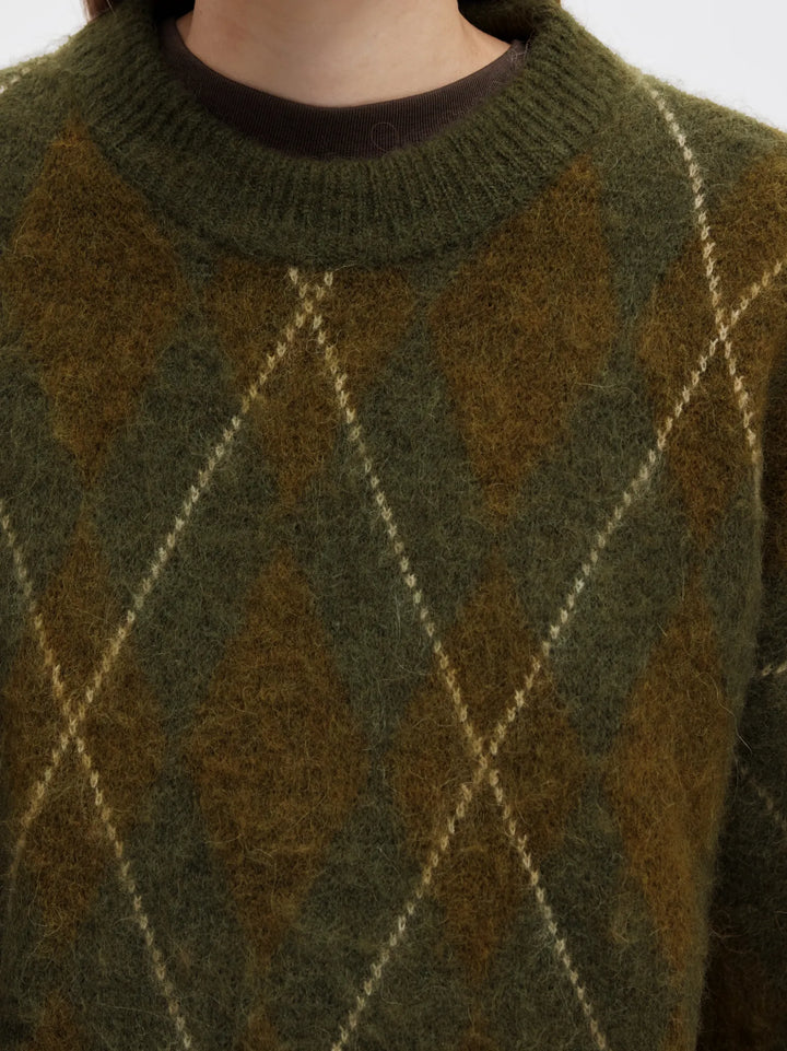 Lulu Brushed Argyle Knit O-Neck Kalamata Fir Green + Birch