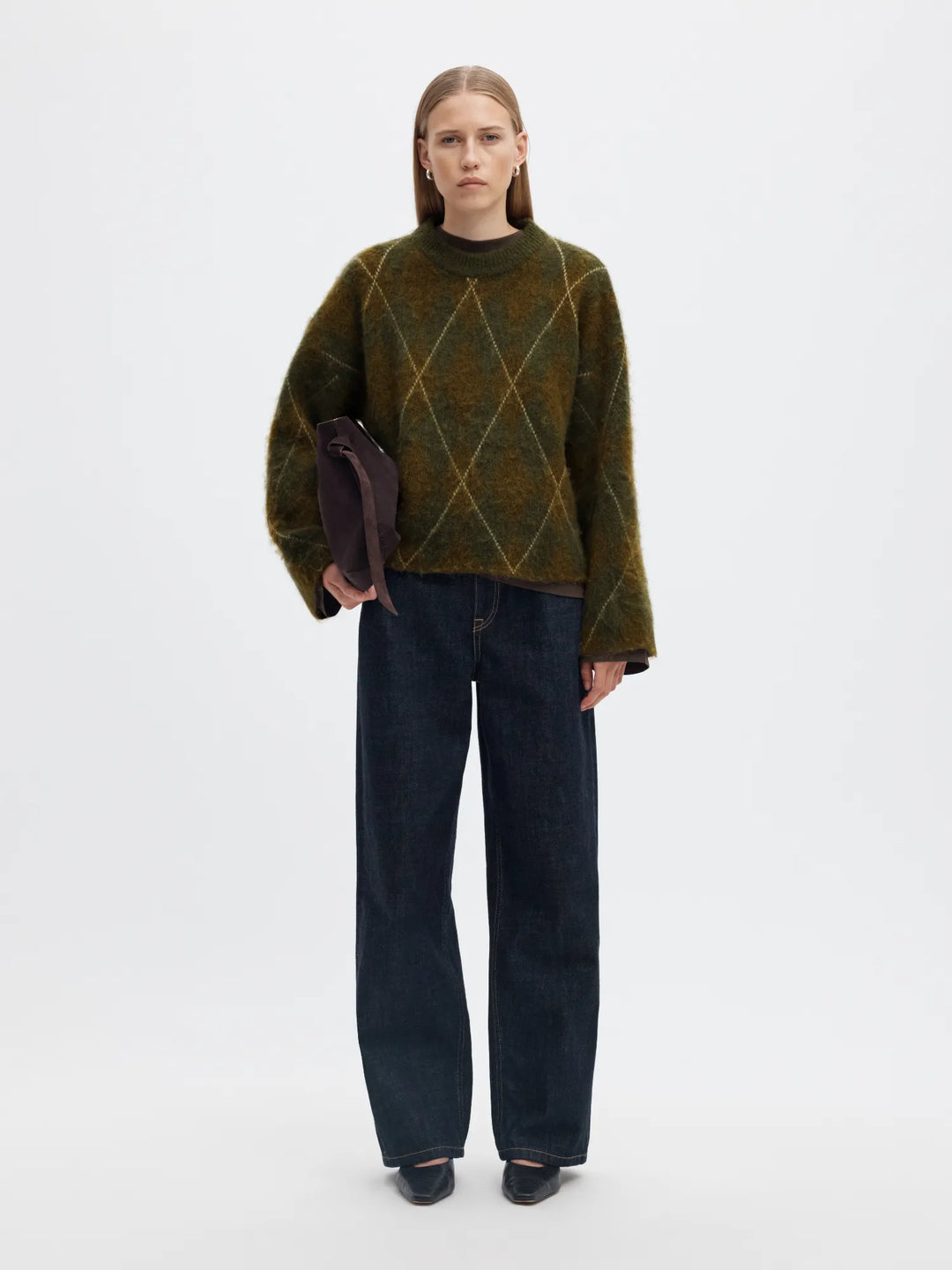 Lulu Brushed Argyle Knit O-Neck Kalamata Fir Green + Birch