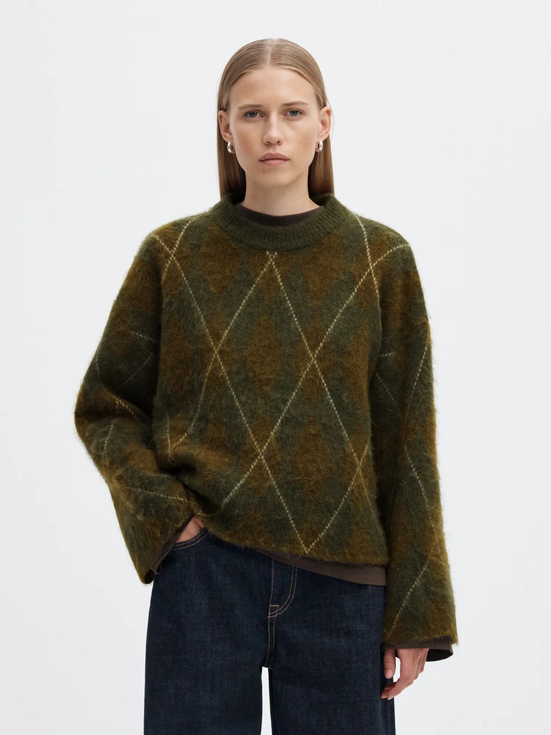 Lulu Brushed Argyle Knit O-Neck Kalamata Fir Green + Birch