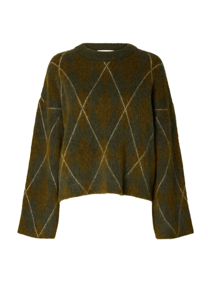 Lulu Brushed Argyle Knit O-Neck Kalamata Fir Green + Birch
