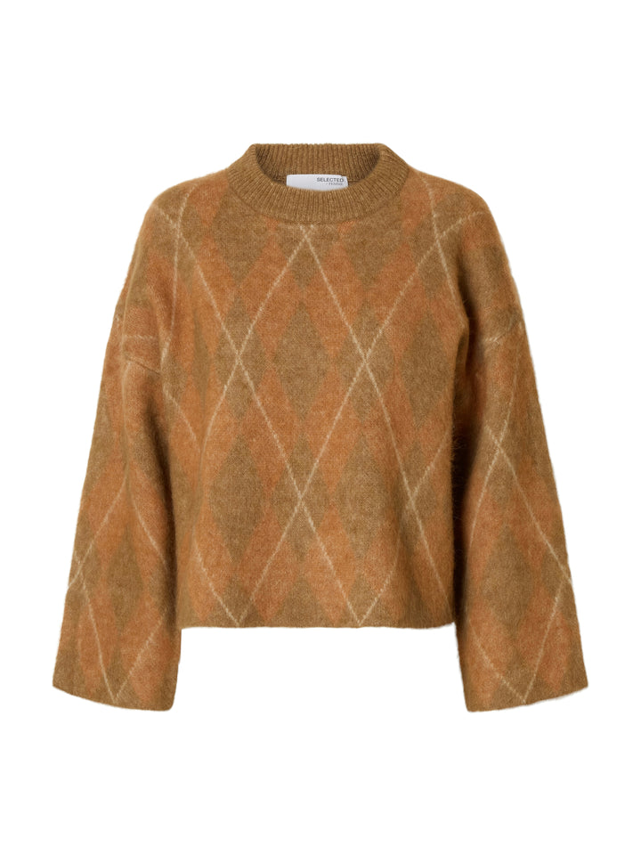 Lulu Brushed Ls Argyle Knit O-Neck Golden Brown Birch And Ermine Argyle