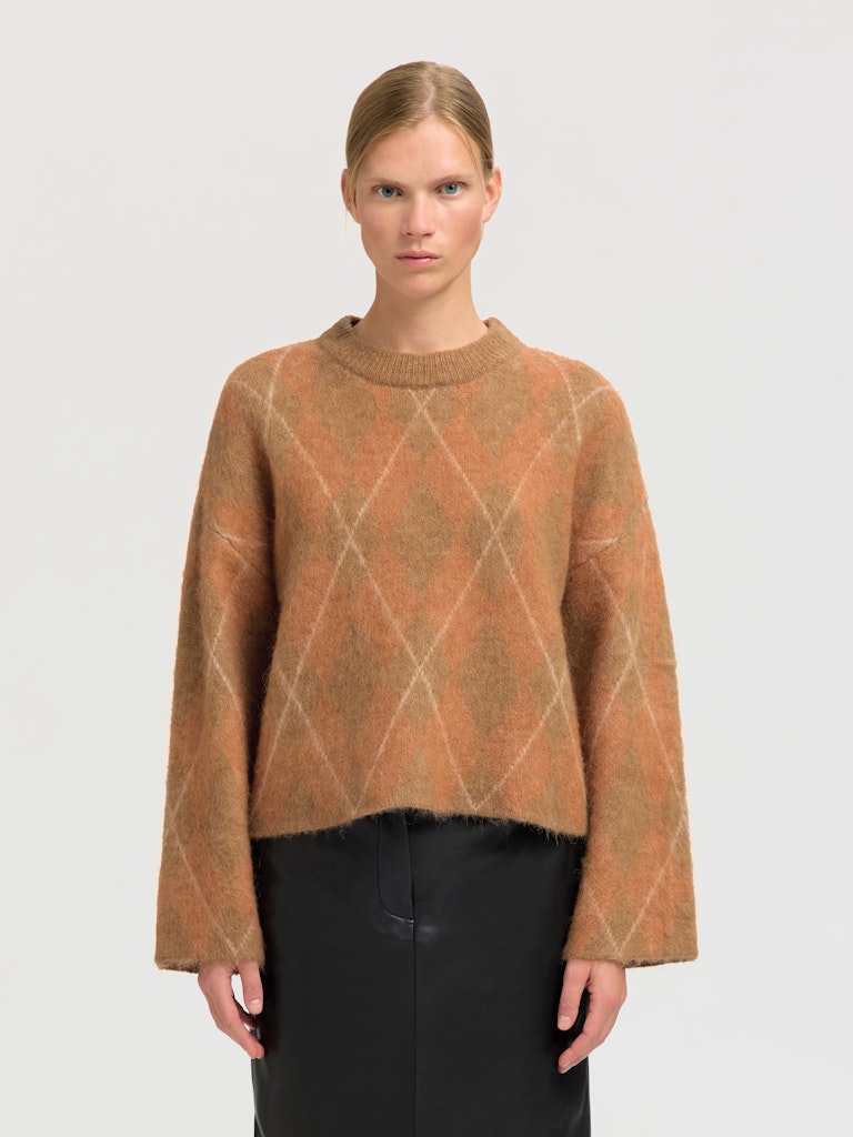 Lulu Brushed Ls Argyle Knit O-Neck Golden Brown Birch And Ermine Argyle