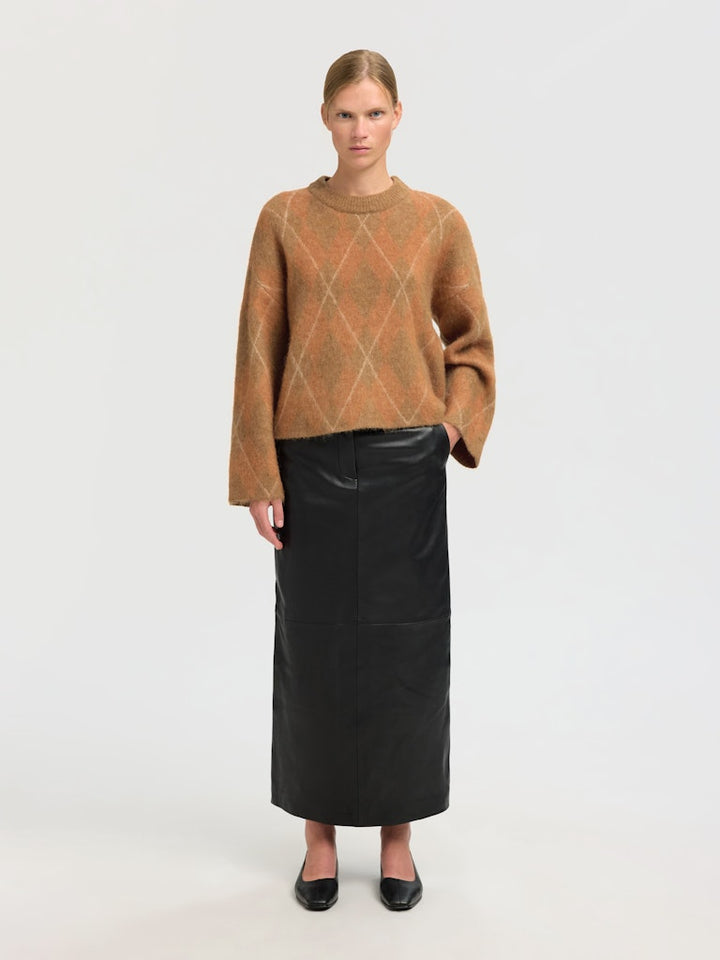 Lulu Brushed Ls Argyle Knit O-Neck Golden Brown Birch And Ermine Argyle