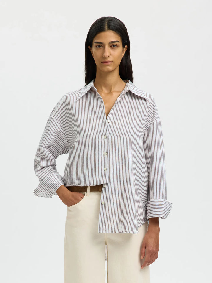 Cleo Oversize Linen Blend Shirt Bright White Chocolate Chip