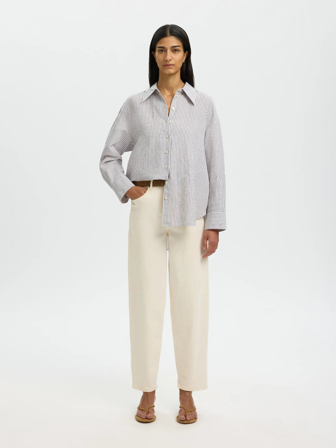Cleo Oversize Linen Blend Shirt Bright White Chocolate Chip