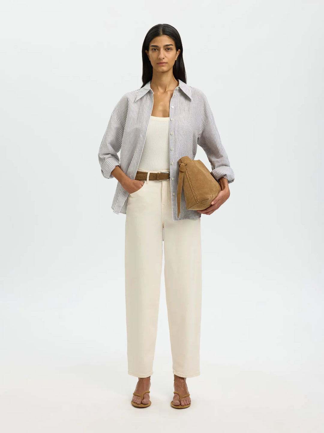 Cleo Oversize Linen Blend Shirt Bright White Chocolate Chip