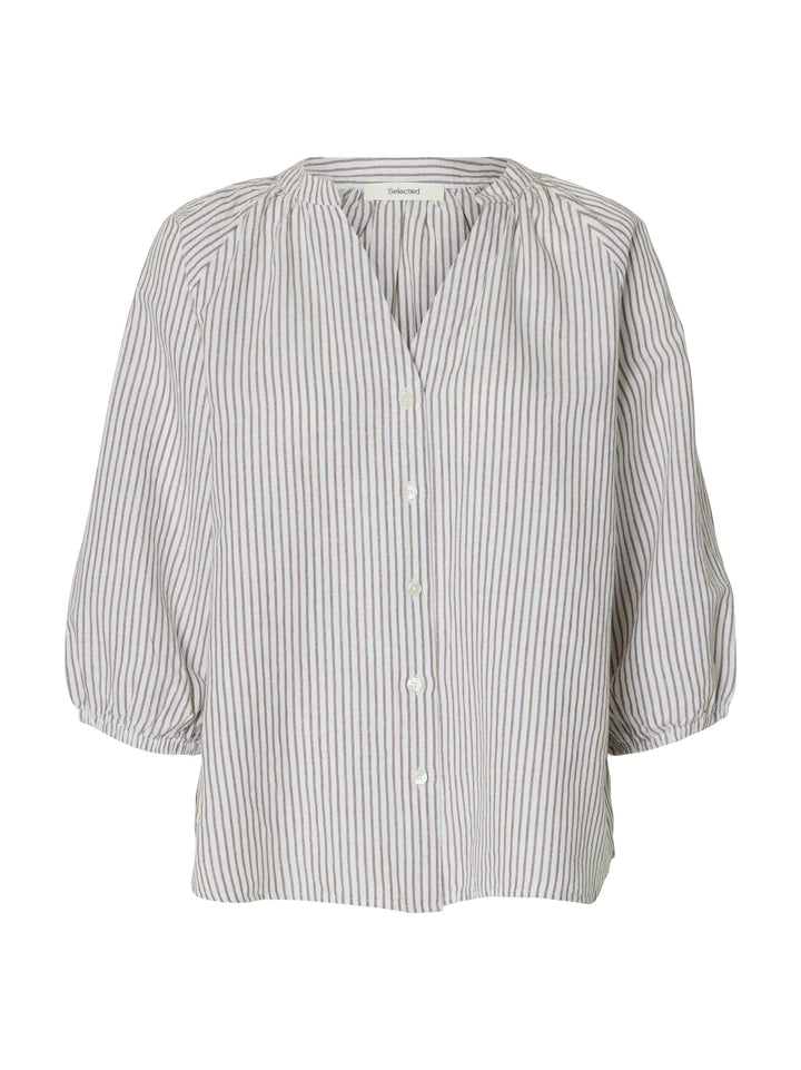Cleo-Alberta Linen Blend Shirt Bright White Chocolate Chip