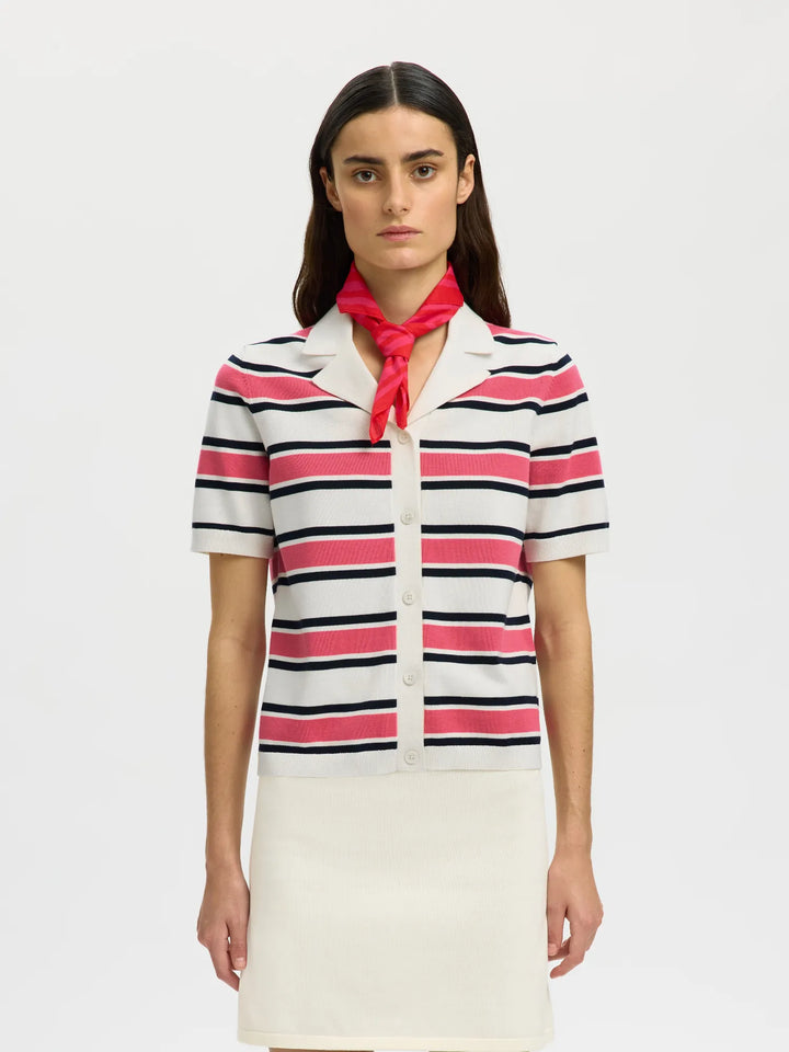 Amour Ss Knit Polo Cardigan Egret Hot Pink And Sky Captain