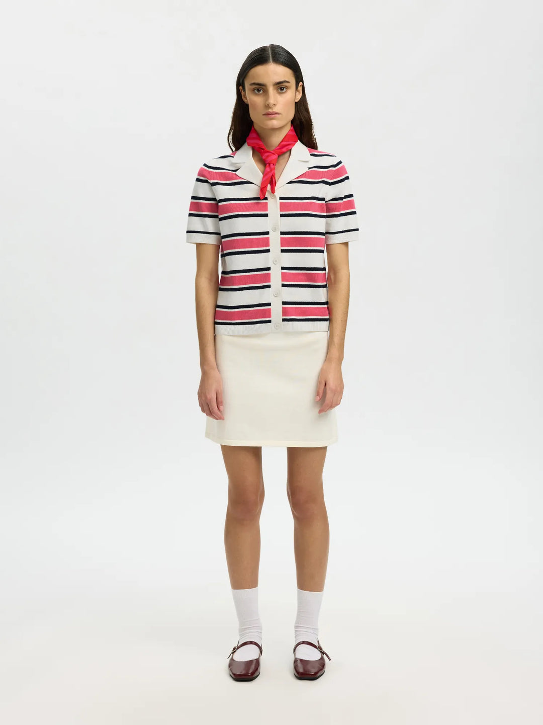 Amour Ss Knit Polo Cardigan Egret Hot Pink And Sky Captain