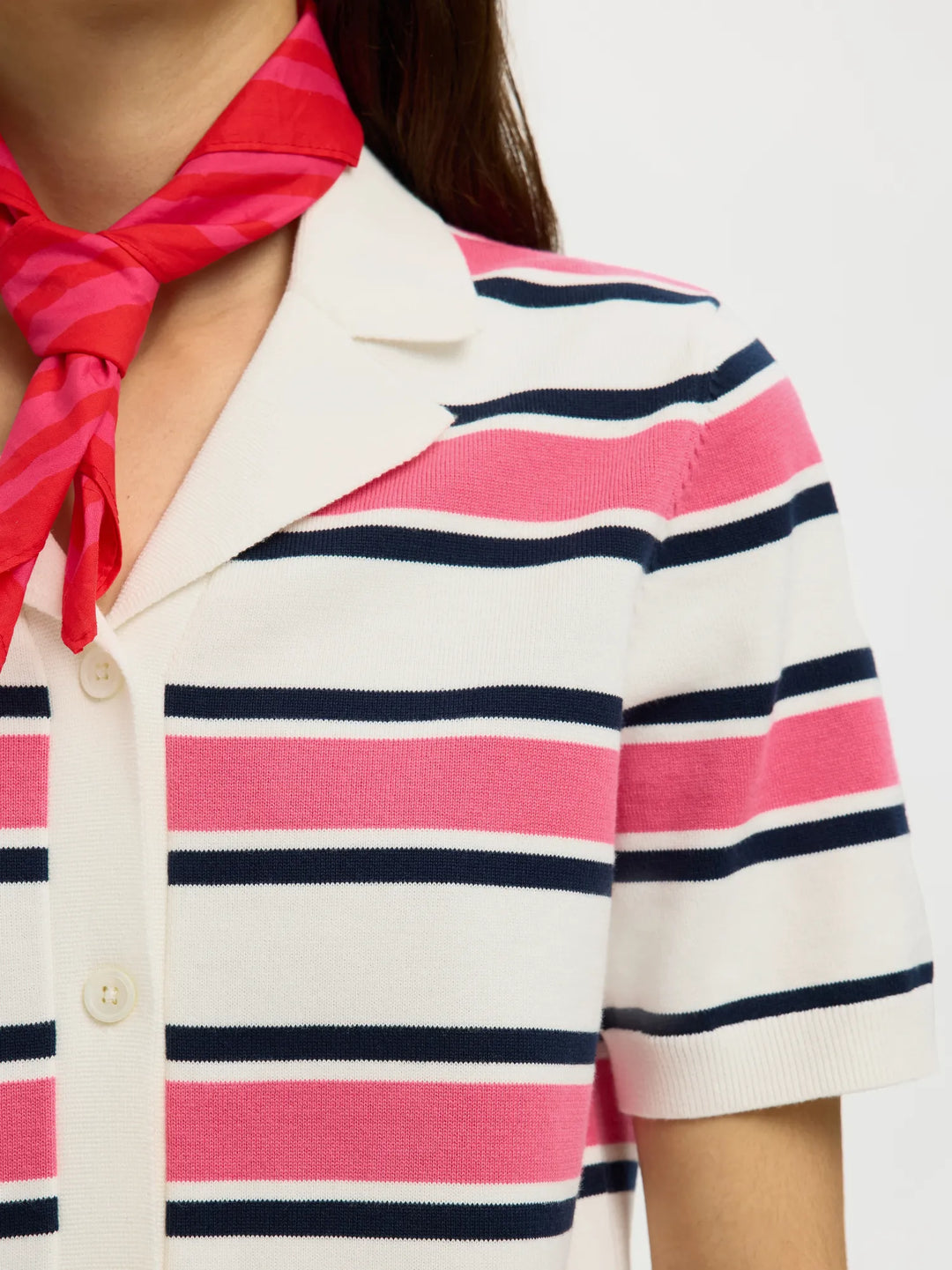 Amour Ss Knit Polo Cardigan Egret Hot Pink And Sky Captain