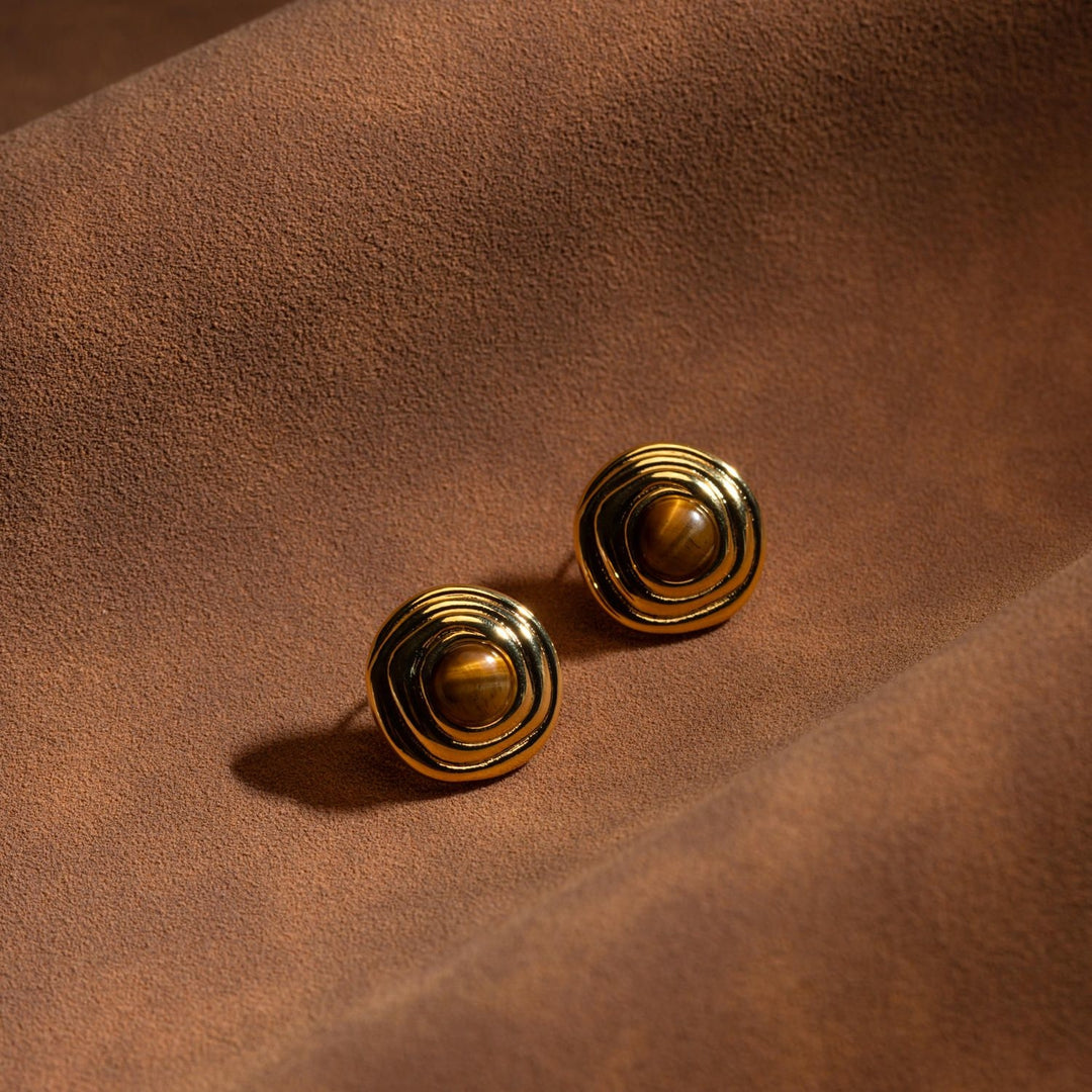 Spiral & Tigers Eye Stud Earrings 18K Gold