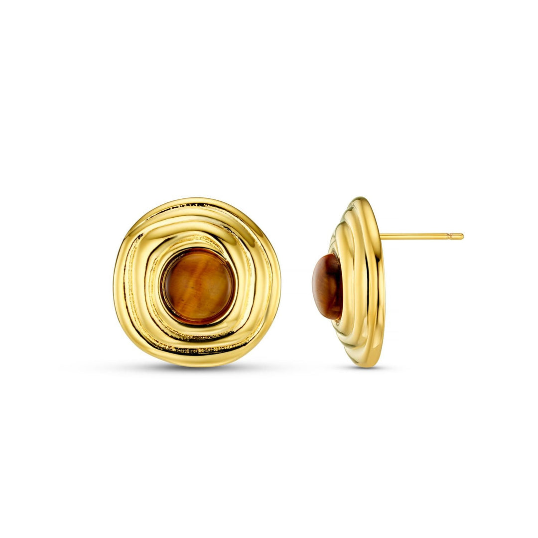 Spiral & Tigers Eye Stud Earrings 18K Gold