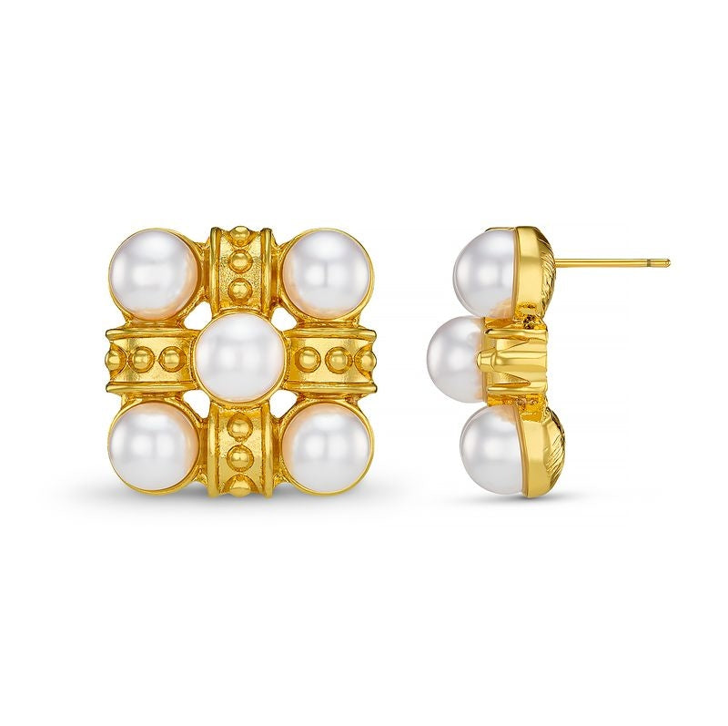 Statement Cross & Pearl Stud Earrings Pale Gold