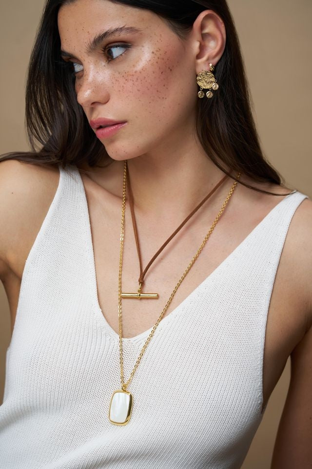 Statement Mother Of Pearl Long Pendant Necklace 18K Gold