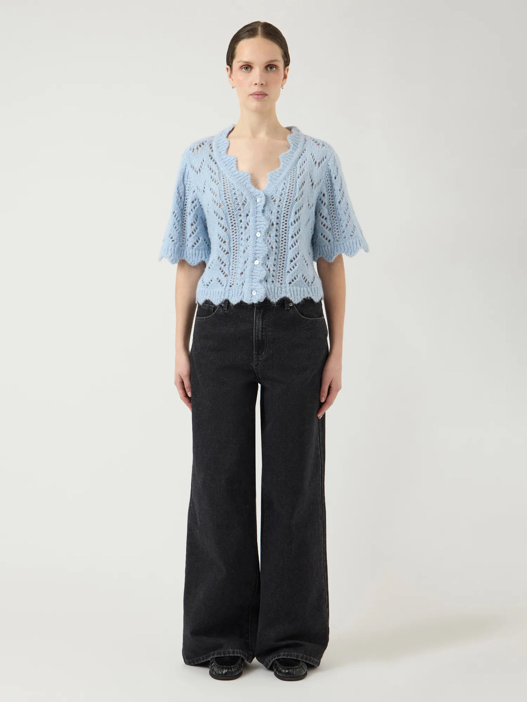 Vienna Ss Knit Cardigan Skyway W. White Melange