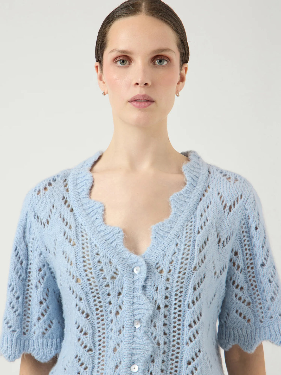 Vienna Ss Knit Cardigan Skyway W. White Melange