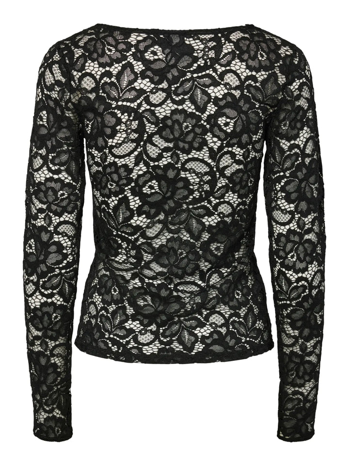 Lacey Ls V-Neck Lace Top Black