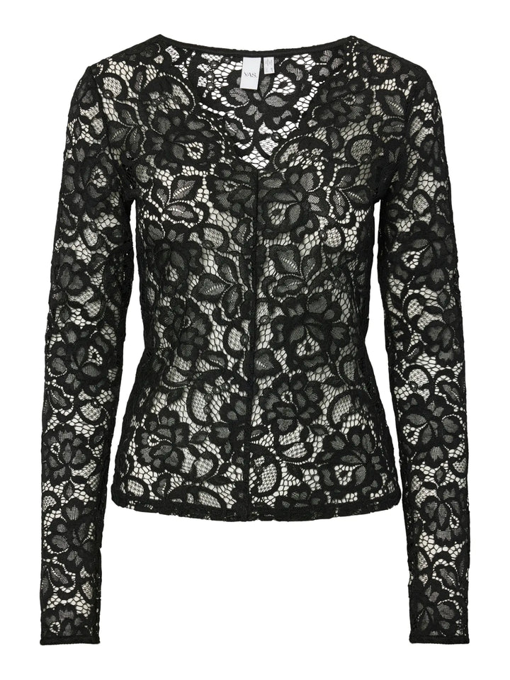 Lacey Ls V-Neck Lace Top Black