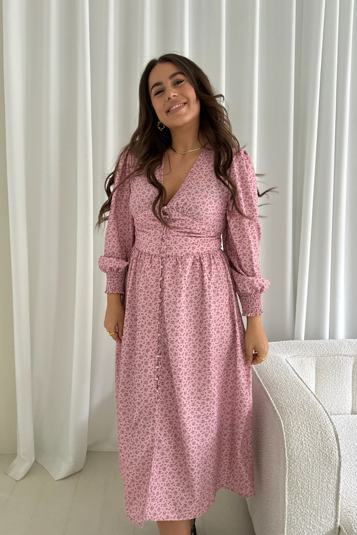 Adelic Long Dress Pink Flower Stem Print | Kjoler | Smuk - Dameklær på nett