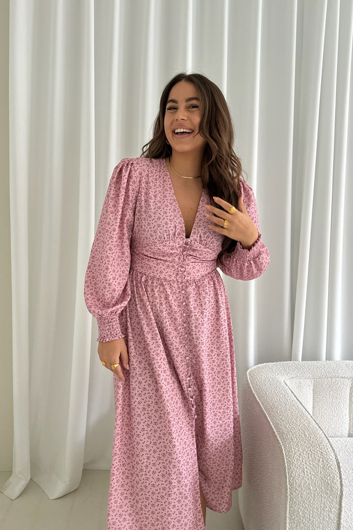 Adelic Long Dress Pink Flower Stem Print | Kjoler | Smuk - Dameklær på nett