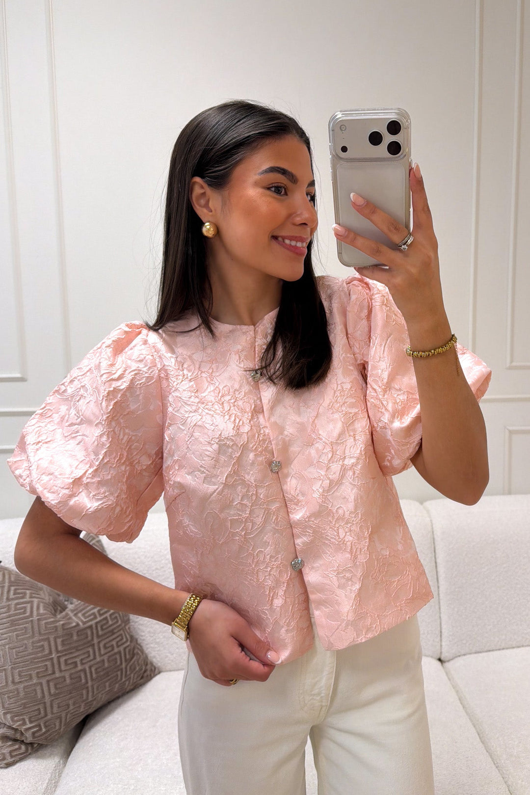 Aisa Soft Brocade Blouse Light Pink | Skjorter og bluser | Smuk