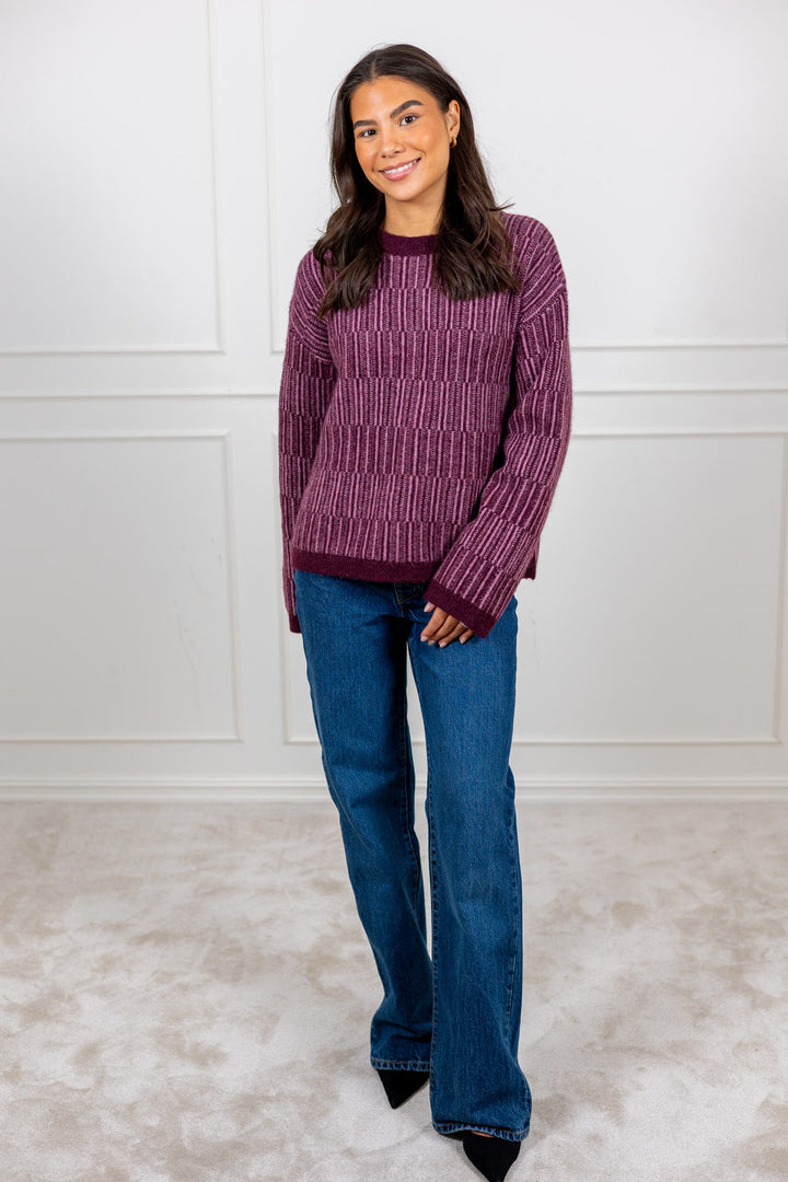 Alva Ls Knit Stripe O - Neck Fig Ligther Fig | Genser | Smuk - Dameklær på nett