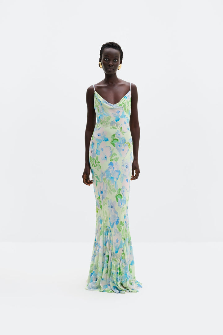 Amaia Silk Blend Chiffon Maxi Slip Dress Pastel Floral Pistachio | Kjoler | Smuk
