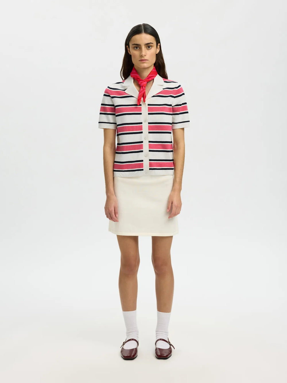 Amour Ss Knit Polo Cardigan Egret Hot Pink And Sky Captain | Genser | Smuk