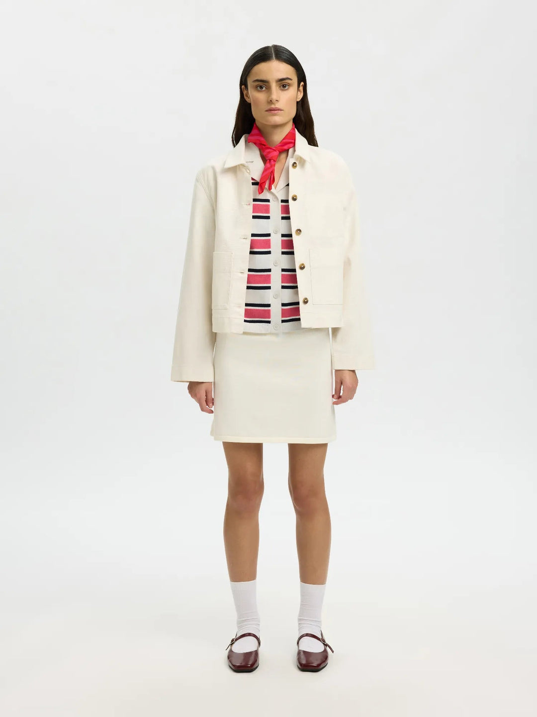 Amour Ss Knit Polo Cardigan Egret Hot Pink And Sky Captain | Genser | Smuk