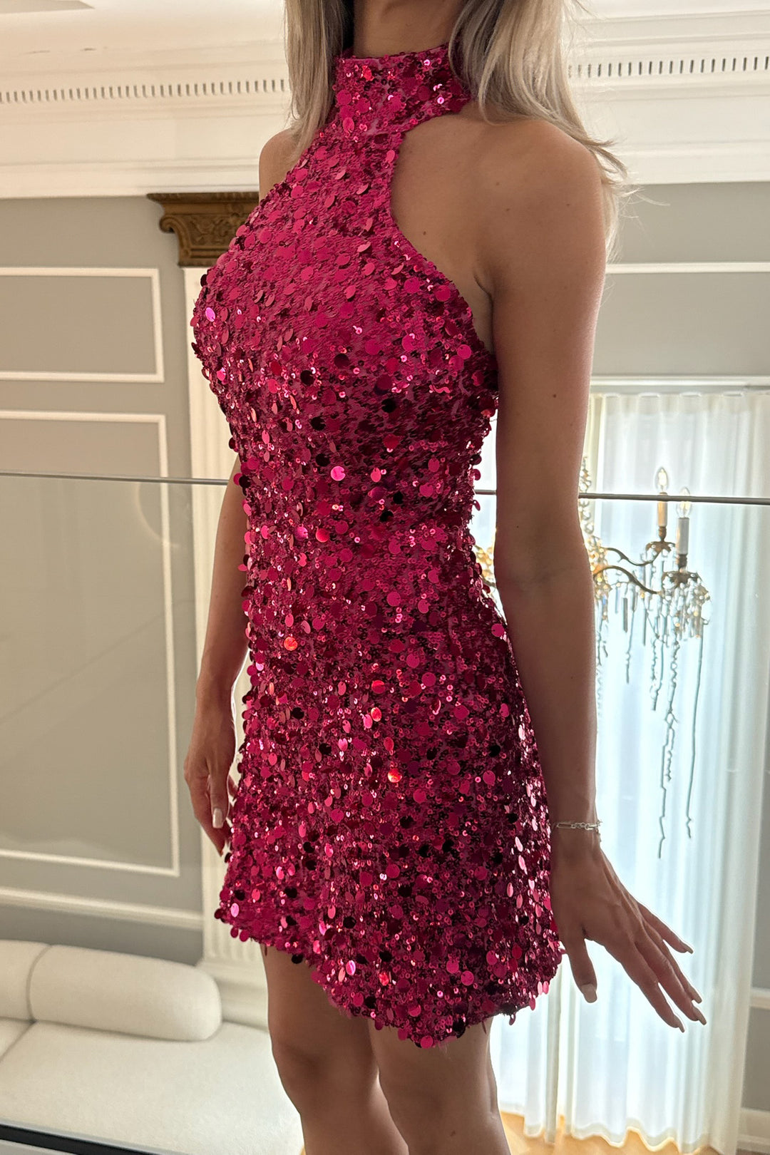 Emily Mini Dress Fuchsia Pink Sequin