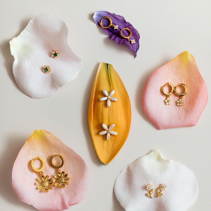 Crystal Flower Drop Huggie Hoop Earrings Pale Gold