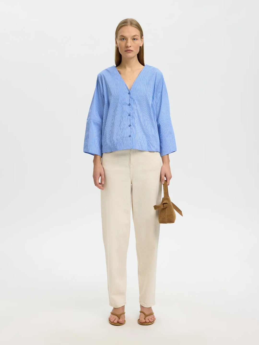 Bea 3/4 V Neck Shirt Dusty Blue Stripe | Skjorter og bluser | Smuk