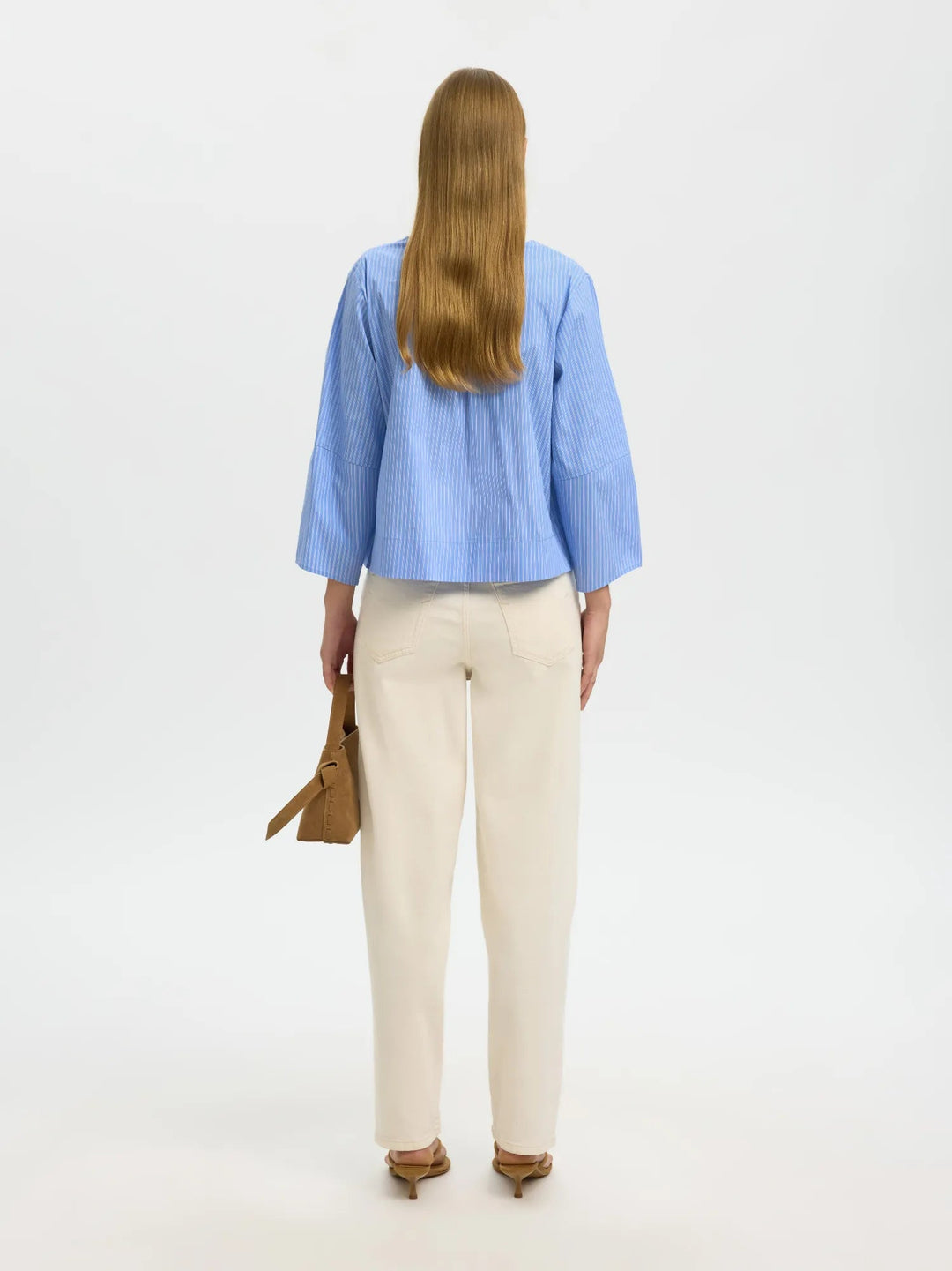 Bea 3/4 V Neck Shirt Dusty Blue Stripe | Skjorter og bluser | Smuk