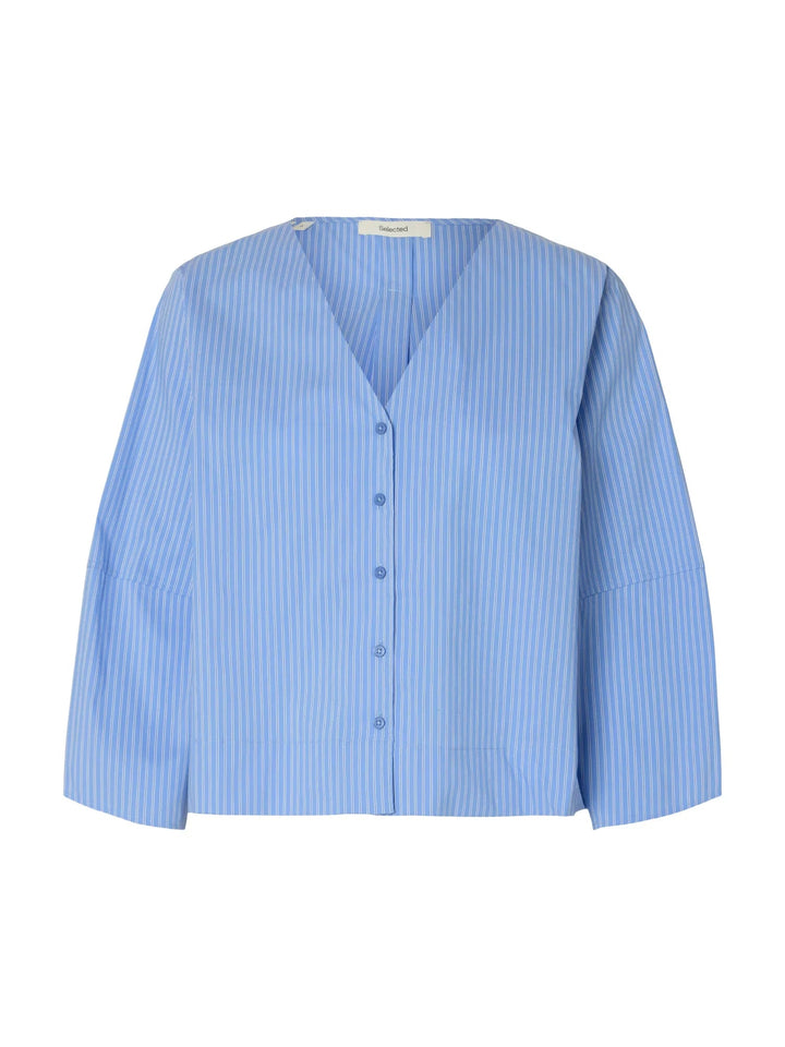Bea 3/4 V Neck Shirt Dusty Blue Stripe | Skjorter og bluser | Smuk