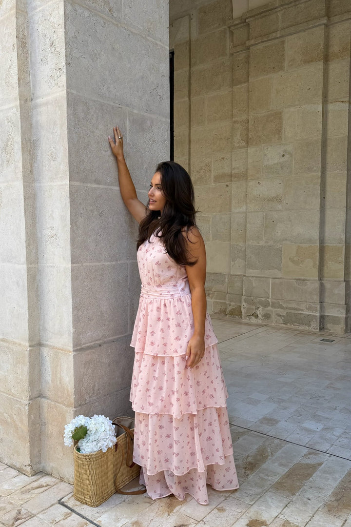 Belle Long Dress Pink Flower Print | Kjoler | Smuk